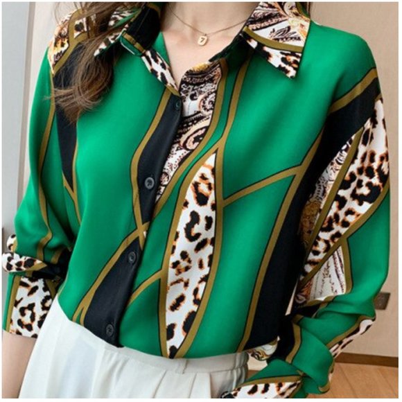 Fashion Leopard Contrast Long Sleeve Shirt Blouse Top - Picture 9 of 15
